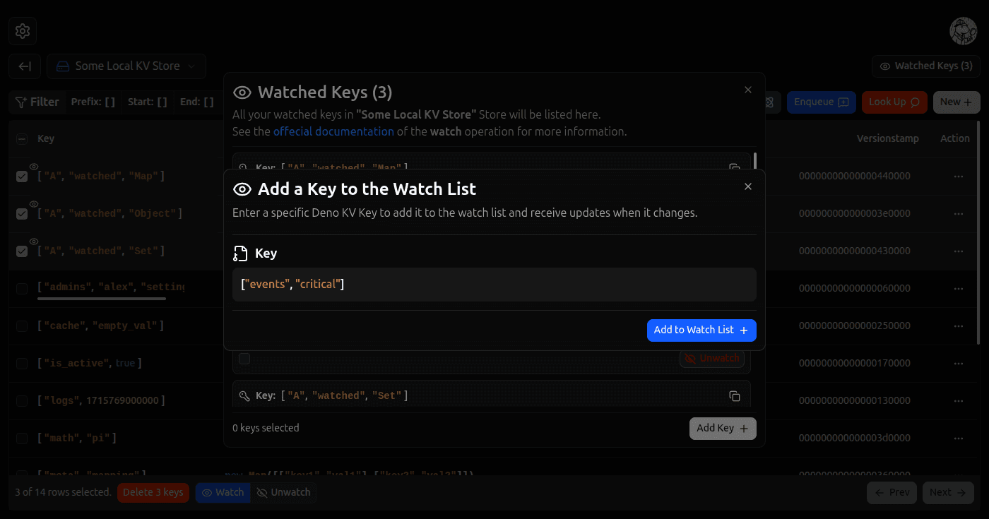 Add Keys To Watch List Dialog screenshot (dark)