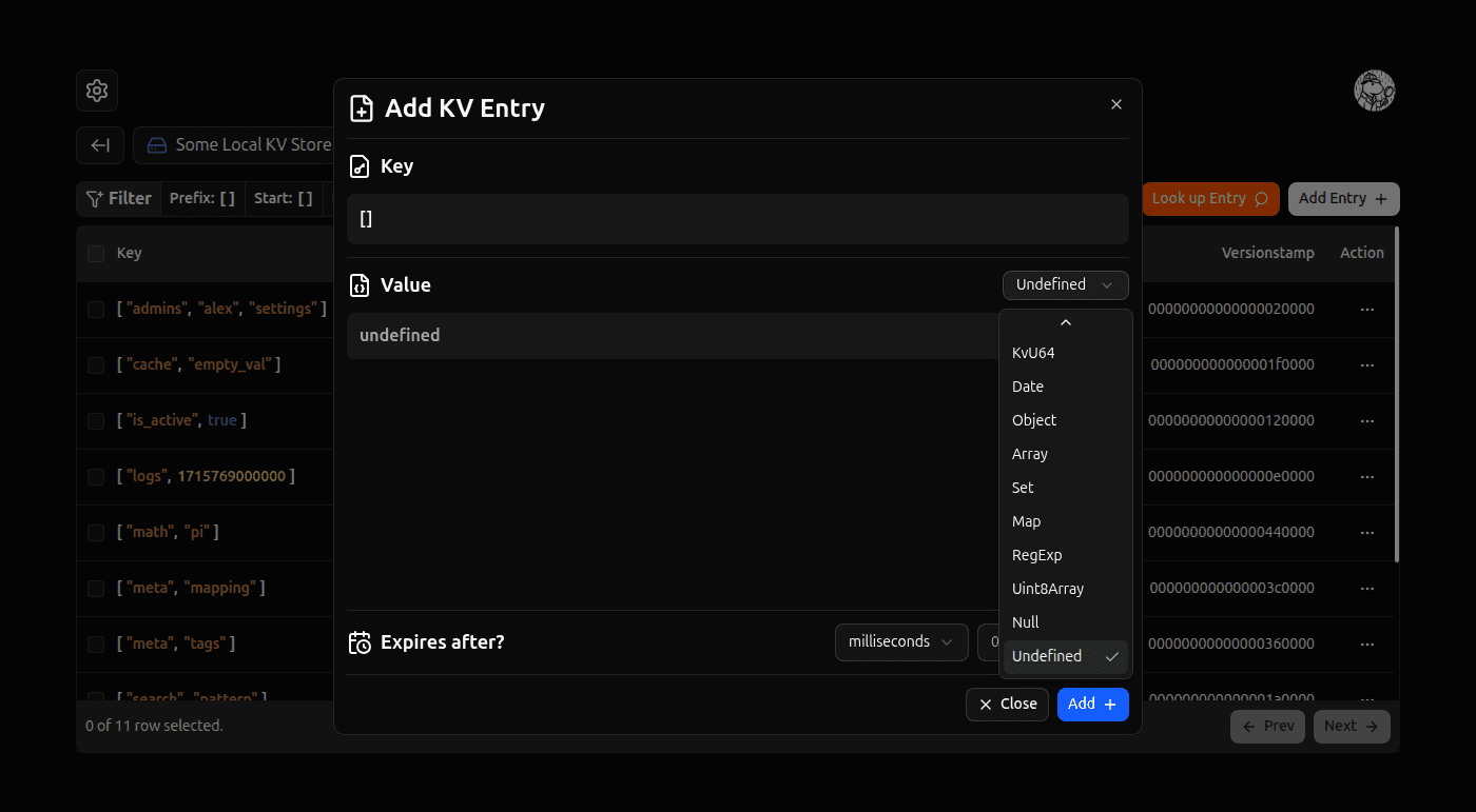 Add Kv Entry form screenshot (dark)