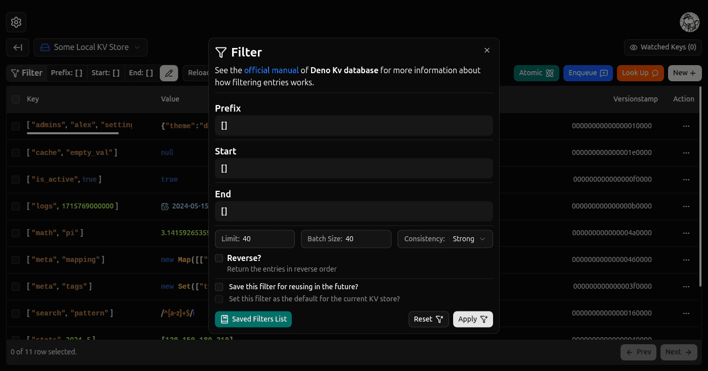 Browsing Params Dialog screenshot (dark)