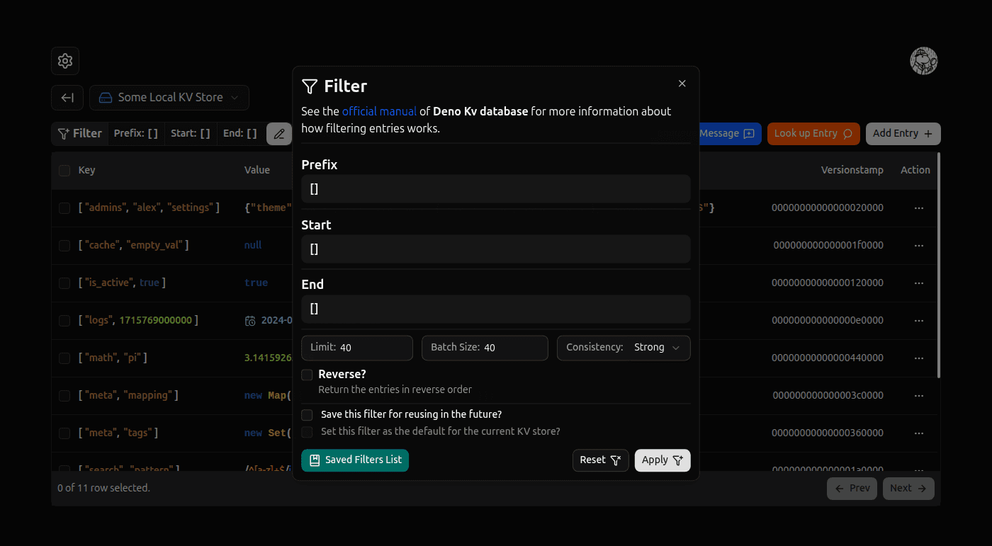 Browsing Params Dialog screenshot (dark)
