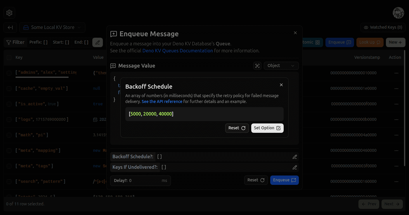 Enqueue Message Backoff Schedule Option screenshot (dark)