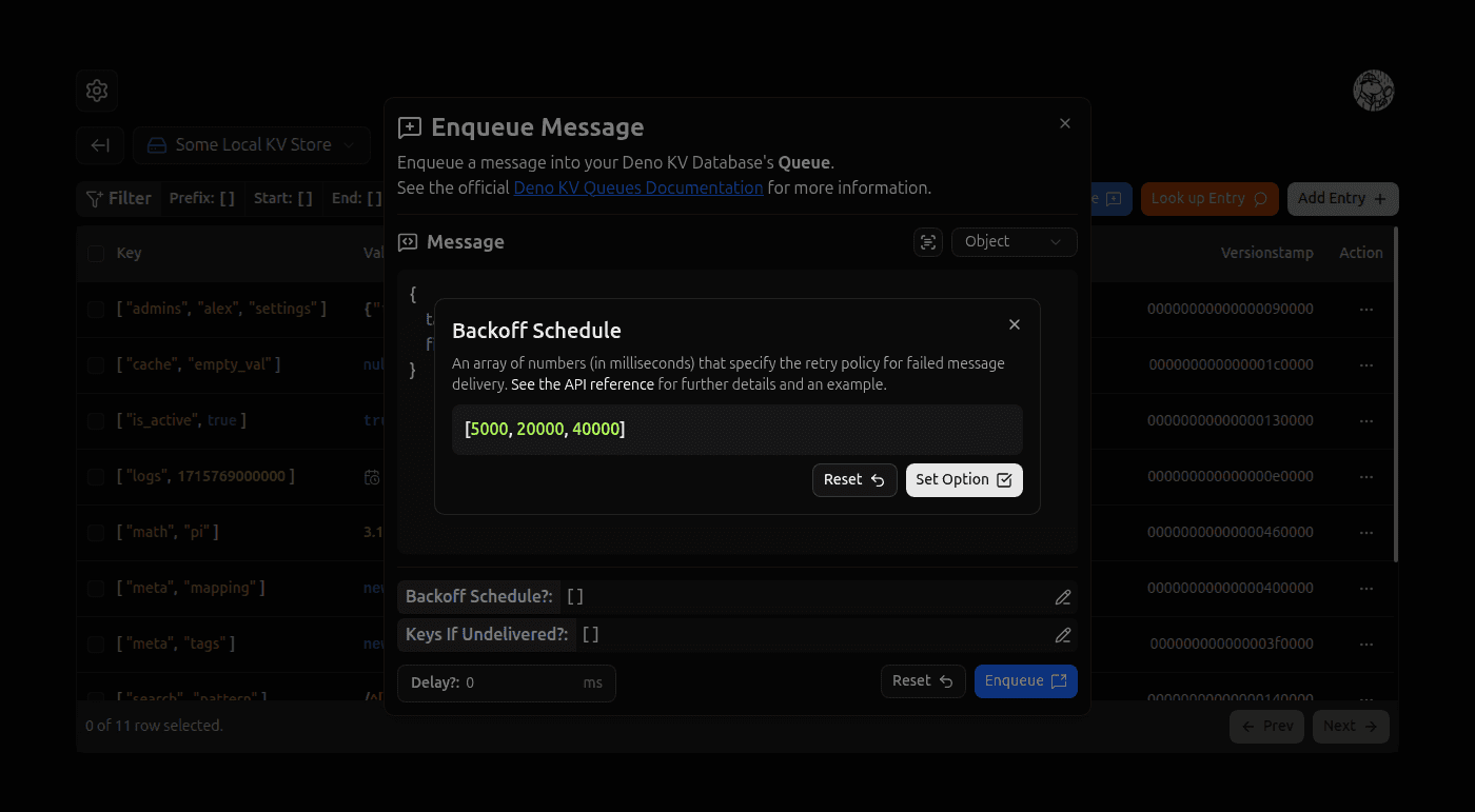 Enqueue Message Backoff Schedule Option screenshot (dark)