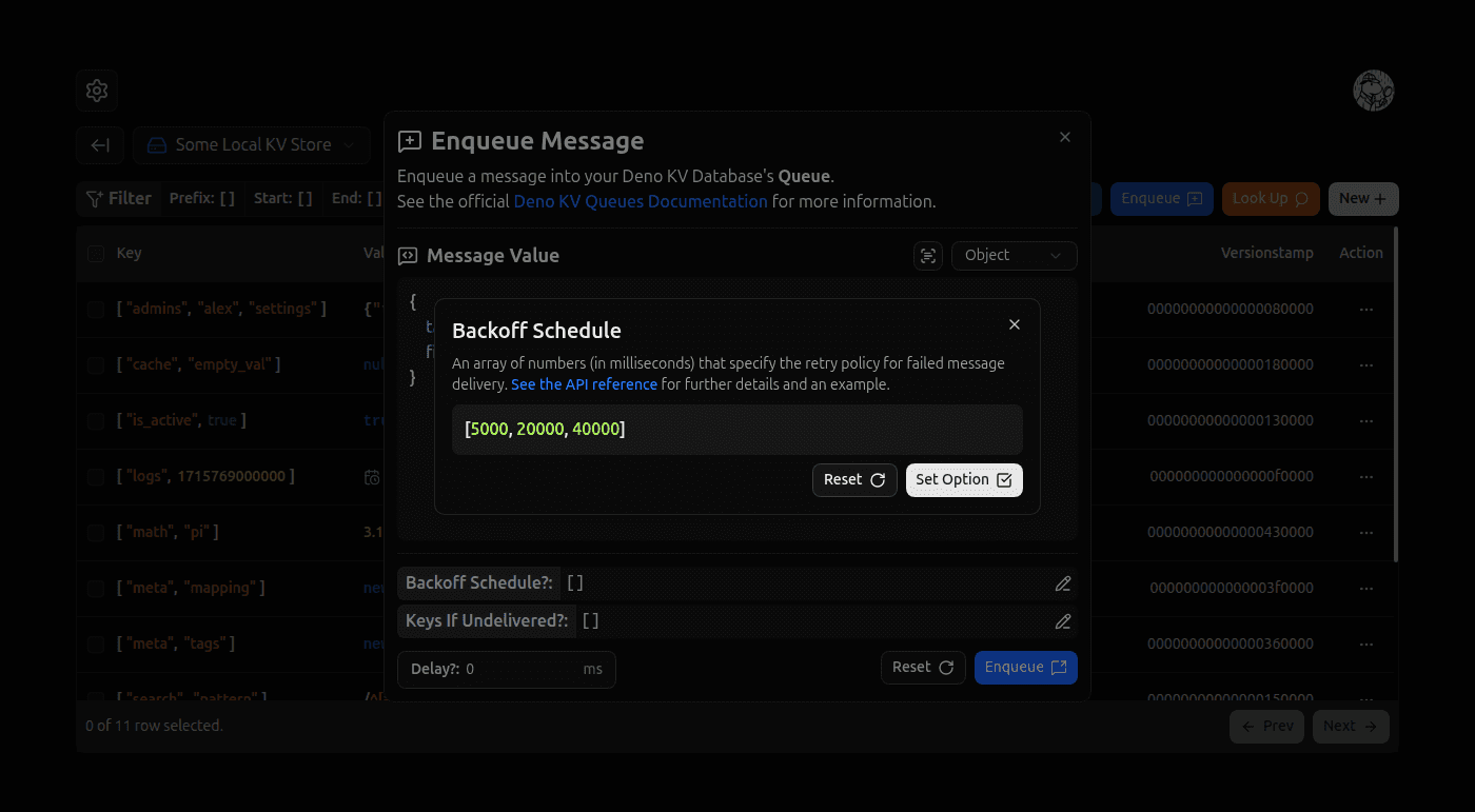 Enqueue Message Backoff Schedule Option screenshot (dark)
